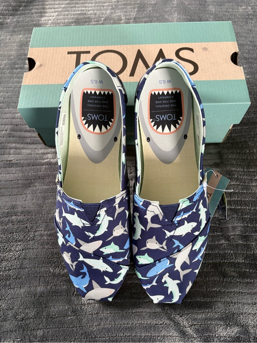 TOMS Women’s Navy Canvas Alpargata Slip-On Shoes with Shark Print